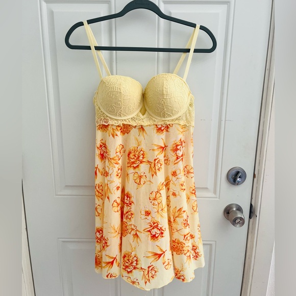 Other - sexy yellow and orange floral print lingerie mini dress with lace